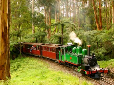 Puffing Billy Steam Train travelling through the Blue Dandenong Ranges