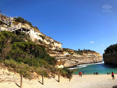 Loch Ard Gorge, beach level view to gorge and out to ocean, includes stairs to beach