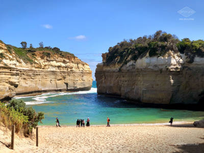 Loch Ard Gorge, beach level view to gorge and out to ocean