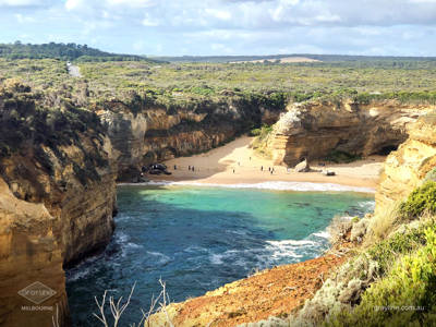Loch Ard Gorge, Photo taken on cliffs facing back to beach and caves