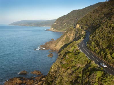Road winding along cliffs on the Great Ocean Road near Melbourne