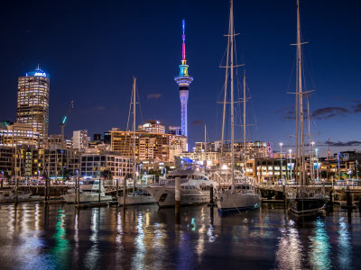 Aucklnad Sky tower at night from Westhaven Marina